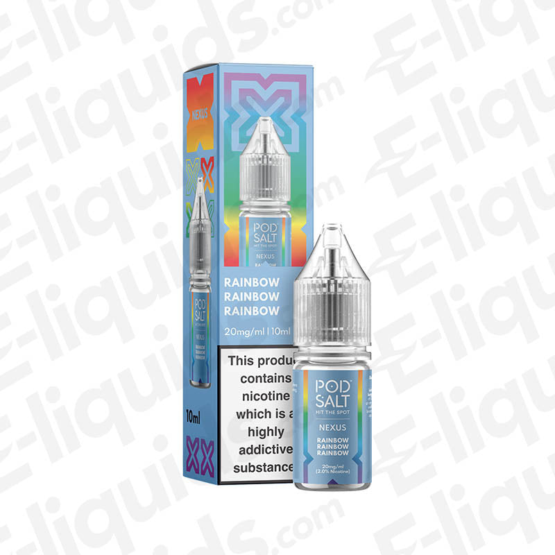 Pod Salt Rainbow Nic Salt E-liquid 10ml bottle with colorful packaging, 20mg/ml nicotine, featuring fruity sweet flavors.
