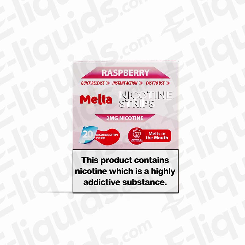 Raspberry MELTA Nicotine Strips pack, 2mg strength, smoke-free, 20 strips for a satisfying nicotine experience.