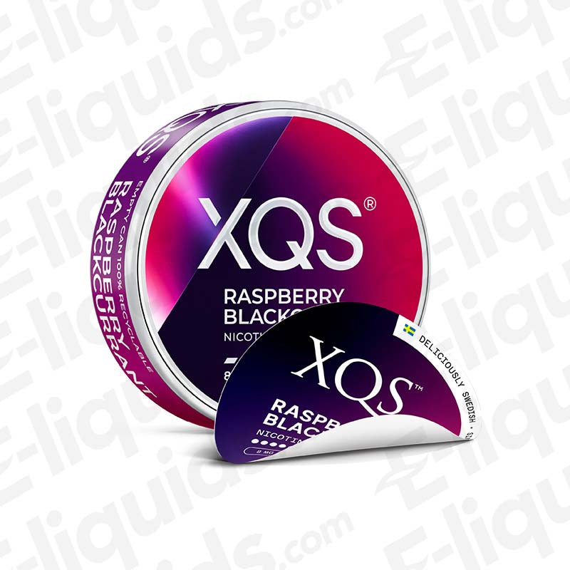 XQS Raspberry Blackcurrant Nicotine Pouches with a bold, tart fusion of dark Berries in purple and black packaging. 