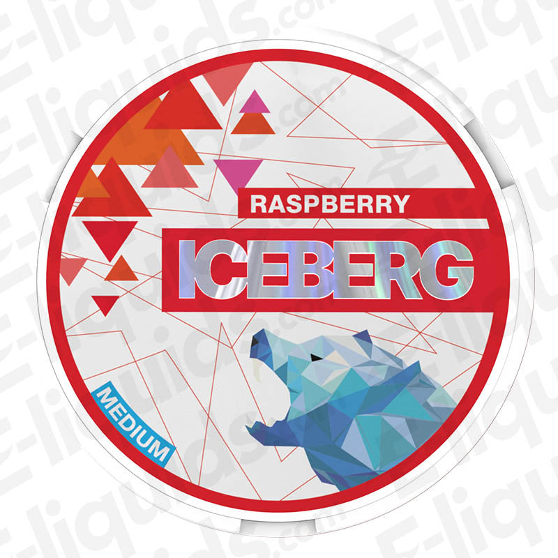 Raspberry Nicotine Pouches by Iceberg with medium strength, featuring a colorful geometric bear design.