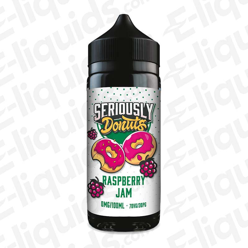 Bottle of Seriously Donuts Raspberry Jam E-liquid by Doozy Vape Co, 100ml, 70VG/30PG, featuring donut and raspberry imagery.