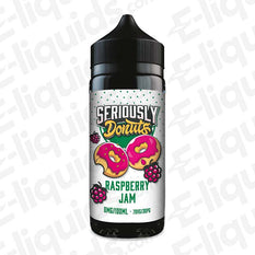 Bottle of Seriously Donuts Raspberry Jam E-liquid by Doozy Vape Co, 100ml, 70VG/30PG, featuring donut and raspberry imagery.