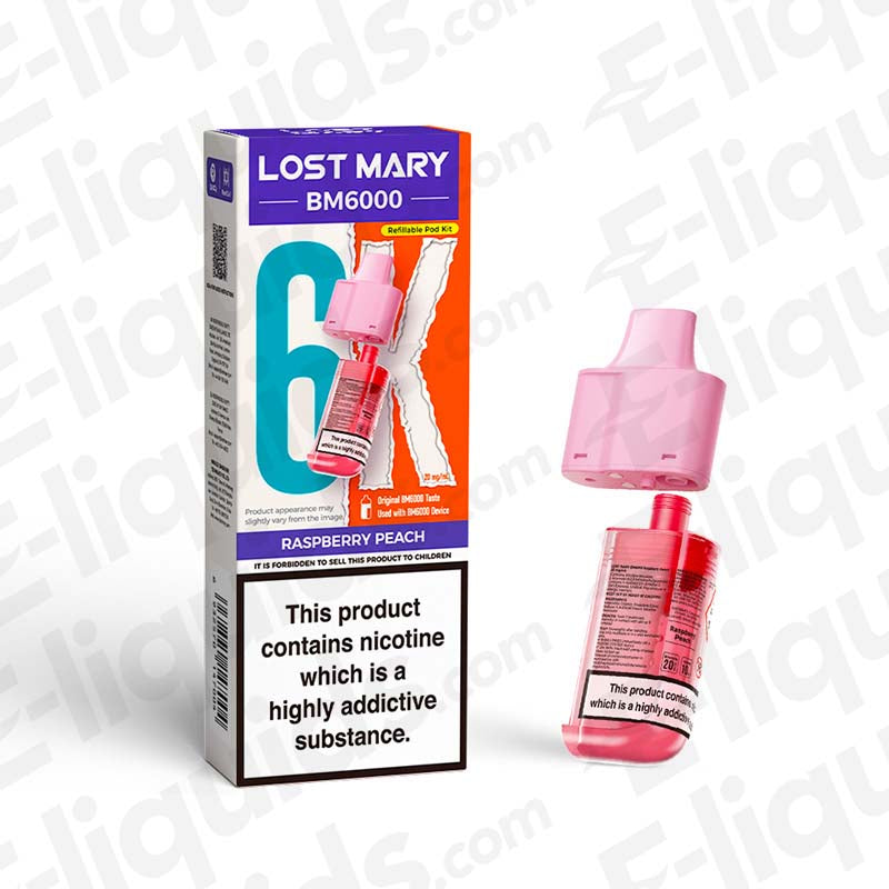 Lost Mary BM6000 Prefilled Pod in Raspberry Peach with packaging, offering 6000 puffs, UK compliant vaping product.