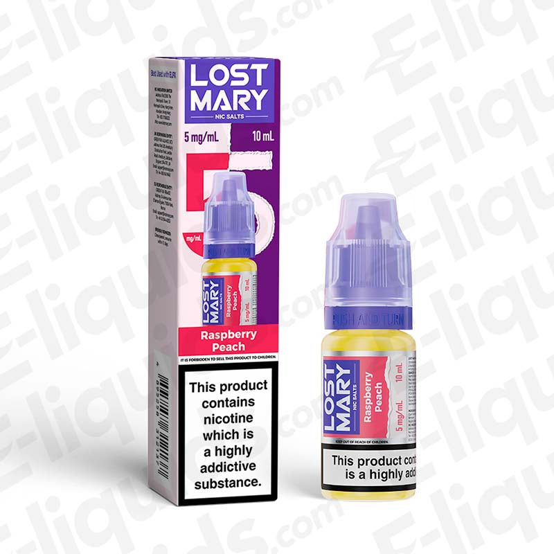 Lost Mary Nic Salt Vape Juice Raspberry Peach 10ml bottle with 5mg nicotine strength for pod kits and starter kits.