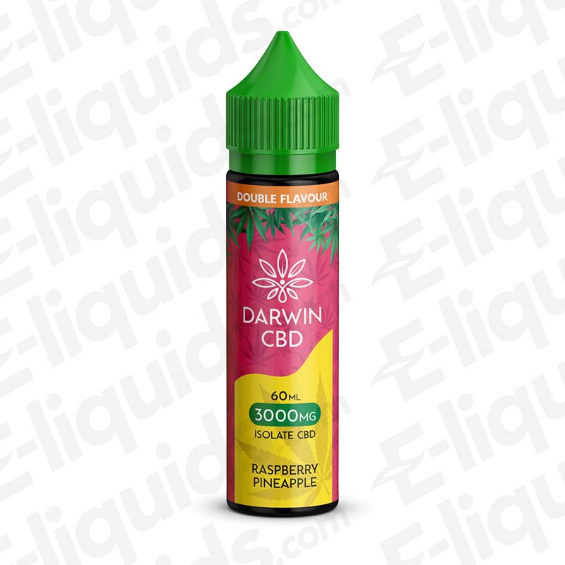 Darwin CBD 60ml Raspberry Pineapple Vape Juice with tropical Fruit flavour in a pink and yellow bottle.