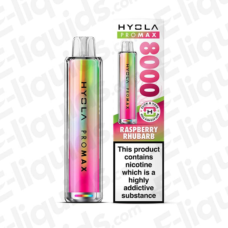 Hyola Pro Max 8000 Raspberry Rhubarb prefilled pod kit with 20mg nicotine, 1800mAh battery, 2ml pod. Compact and TPD compliant.