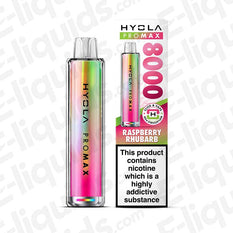 Hyola Pro Max 8000 Raspberry Rhubarb prefilled pod kit with 20mg nicotine, 1800mAh battery, 2ml pod. Compact and TPD compliant.