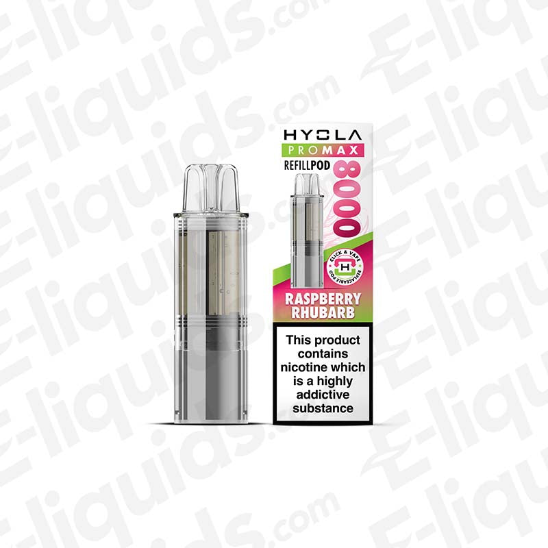 Hyola Pro Max 8000 Raspberry Rhubarb Prefilled Pod 20mg, sleek TPD compliant vape pod with 8000 puffs and 2ml capacity.