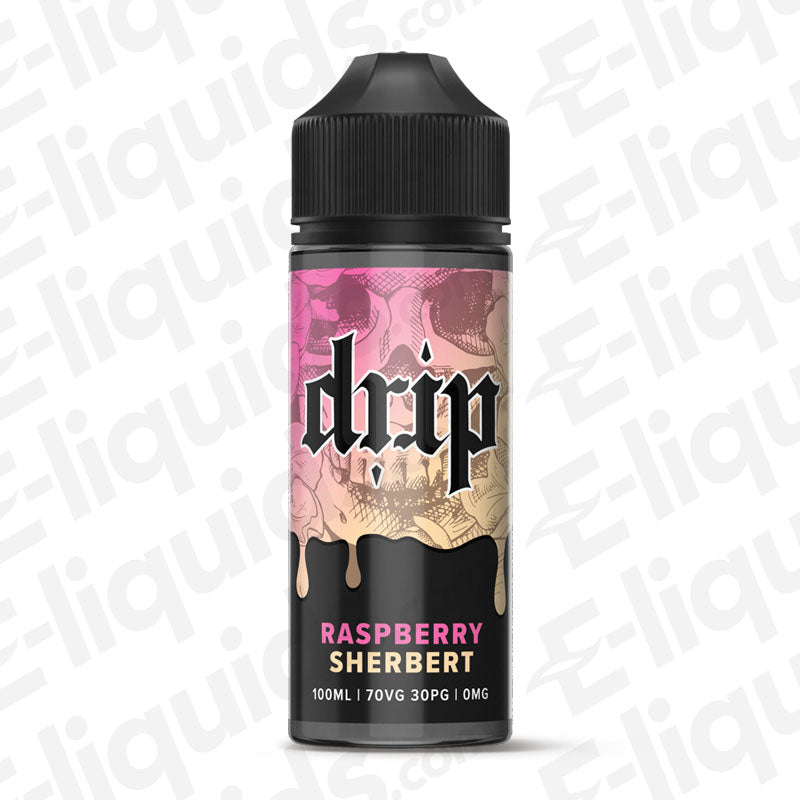 Raspberry Sherbet Shortfill E-liquid by Drip in a 100ml bottle, showcasing vibrant packaging and smooth flavor.