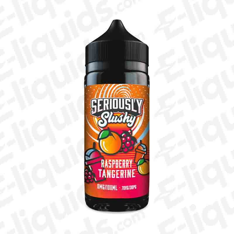 Doozy Vape Co. Raspberry Tangerine Seriously Slushy E-liquid 100ml bottle with 70VG/30PG ratio, featuring vibrant fruity graphics.