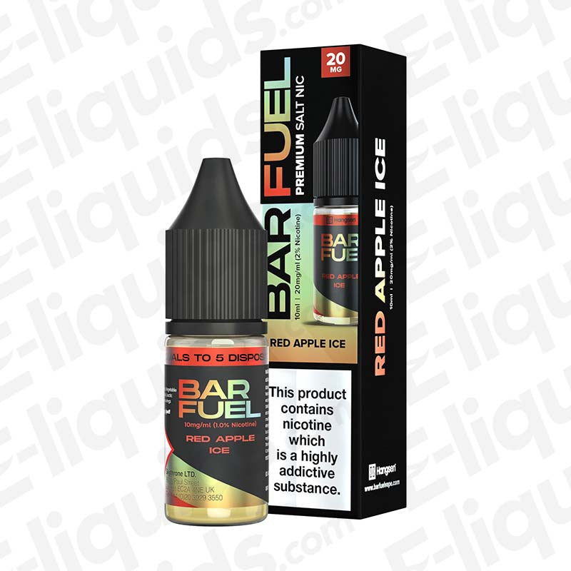 Bar Fuel Red Apple Ice Nic Salt bottle and packaging featuring crisp apple and cooling menthol flavor, 10ml nicotine solution.