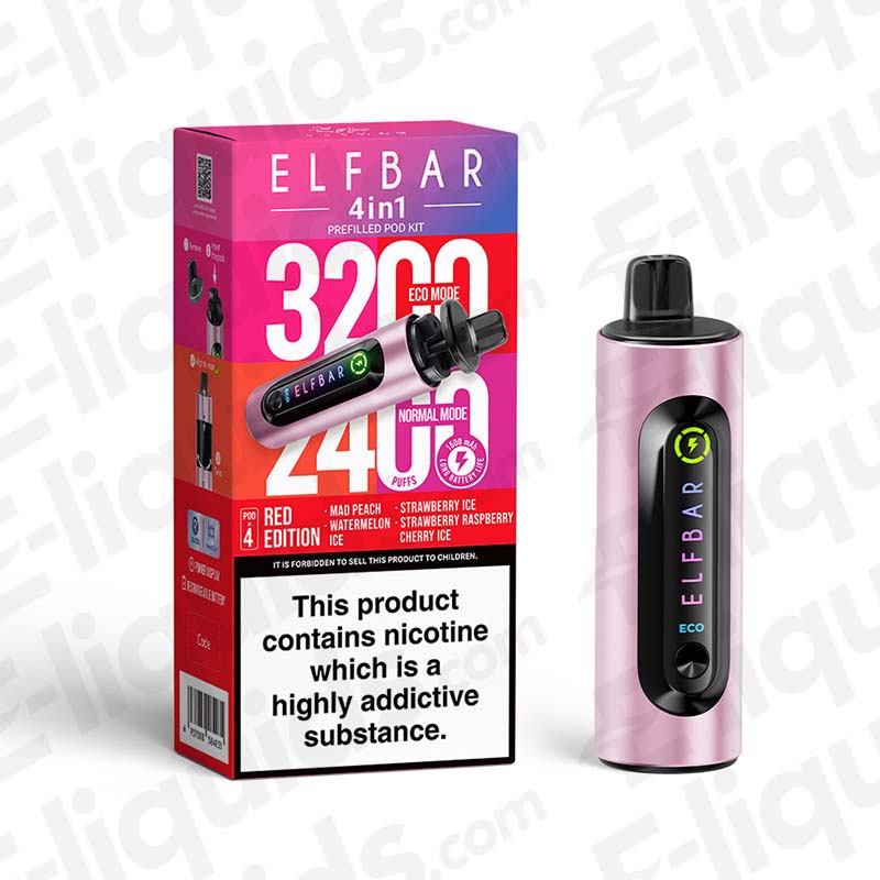 Elf Bar 4-in-1 Refillable Pod Kit with 3200 puffs, featuring strawberry and peach flavors.