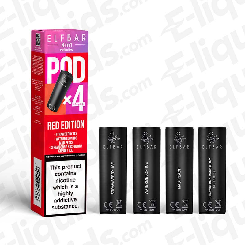 Elf Bar 4-in-1 Red Edition Pre-Filled Vape Pods with Strawberry, Watermelon, and Peach Flavours, 4-pack