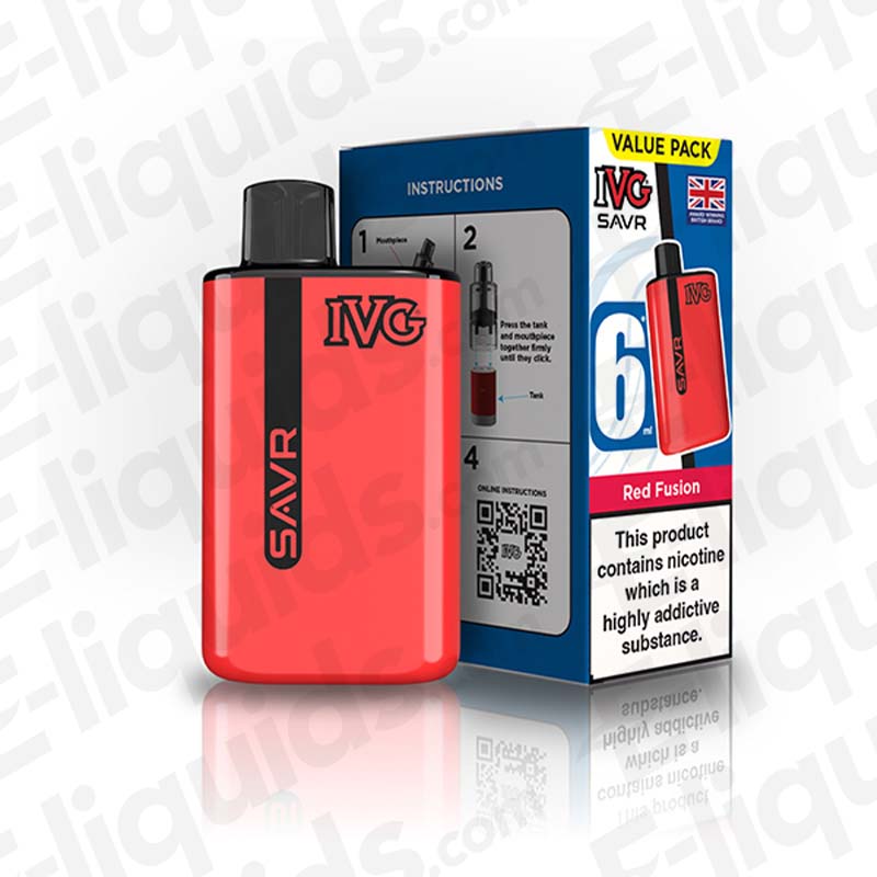 IVG SAVR Prefilled Pod Kit in red with packaging, showcasing sleek design and nicotine warning.
