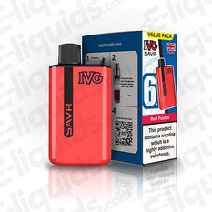 IVG SAVR Prefilled Pod Kit in red with packaging, showcasing sleek design and nicotine warning.