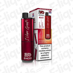 IVG 2400 4-in-1 Rechargeable Pod Kit Red Raspberry Edition with packaging featuring 20mg nic salt e-liquids and USB Type-C charging.