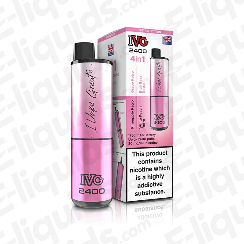 IVG 2400 4-in-1 Rechargeable Pod Kit Retro Edition with 20mg nic salt e-liquid and fast charging capability.