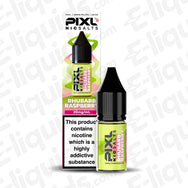 PIXL Nic Salt Vape Juice Rhubarb Raspberry 20mg bottle and packaging with nicotine warning