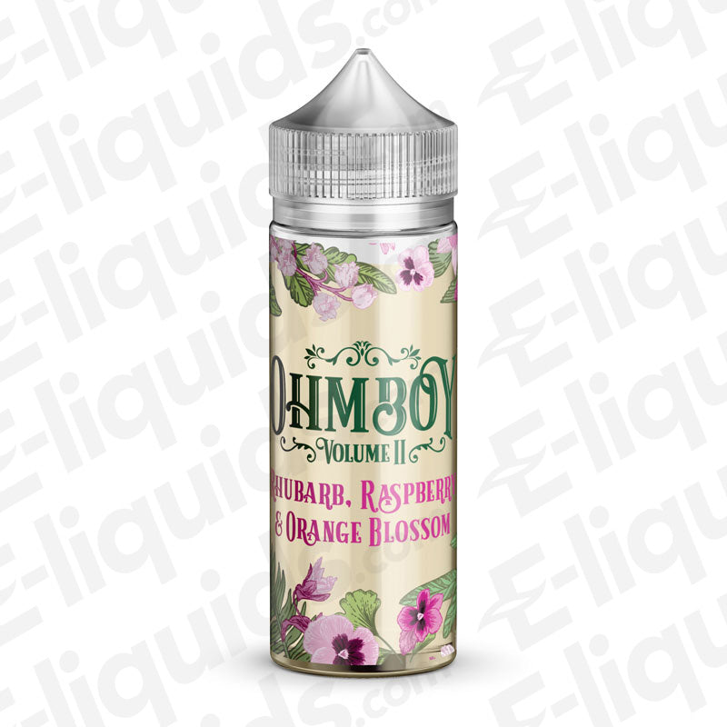 Ohm Boy Vol II Rhubarb Raspberry Orange Blossom Shortfill E-liquid 100ml bottle with floral design.