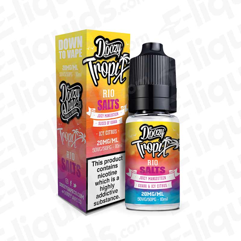 Doozy Tropix Rio Nic Salt E-liquid 10ml bottle and box with mangosteen, guava, and citrus flavors for pod kits.