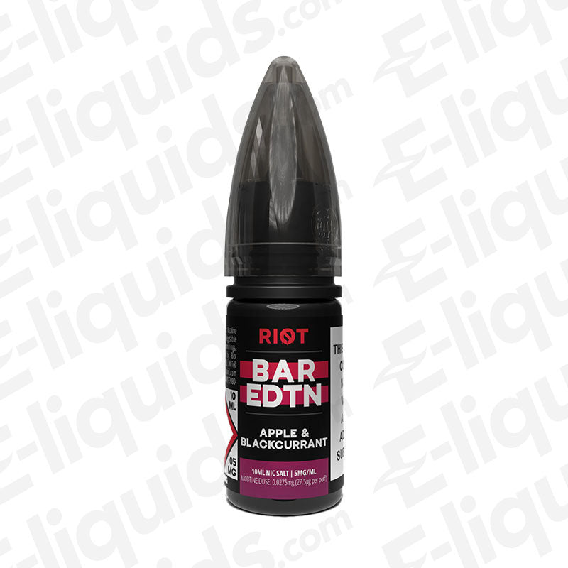Riot Squad Bar Edition Apple and Blackcurrant Nic Salt E-liquid in a black bottle with a tapered cap.