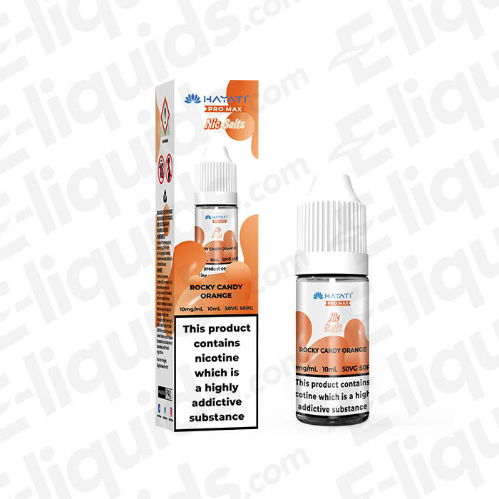 Rocky Candy Orange Pro Max Nic Salt E-liquid by Hayati in a bottle with packaging, 10mg, 50/50 VG/PG blend.