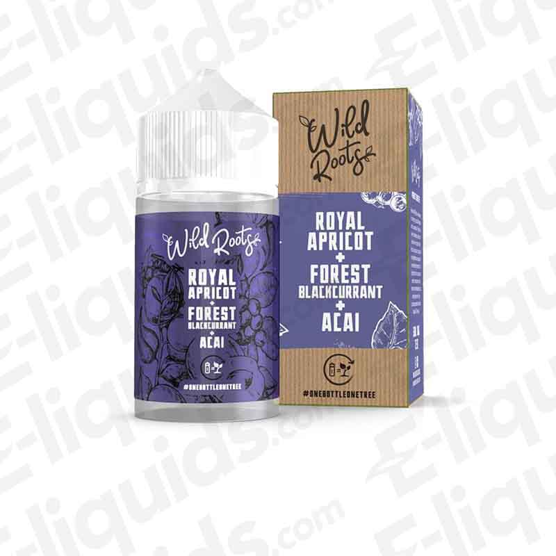 Royal Apricot and Blackcurrant E-liquid by Wild Roots in a 50ml shortfill bottle and stylish box.