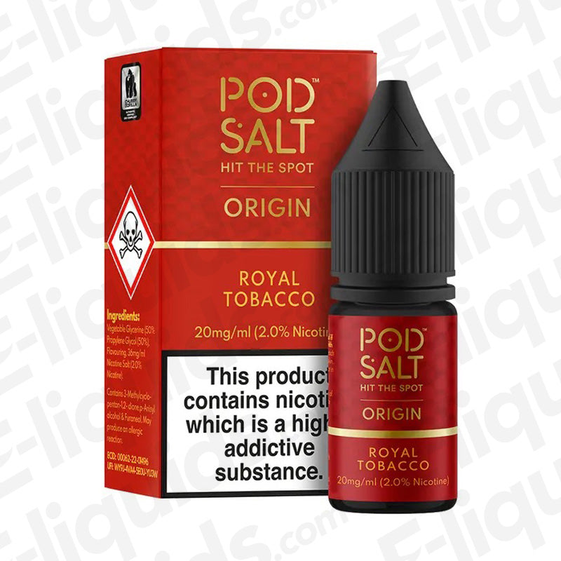 Royal Tobacco Nic Salt E-liquid by Pod Salt in 20mg nicotine strength, featuring a smooth tobacco flavor with light caramel.