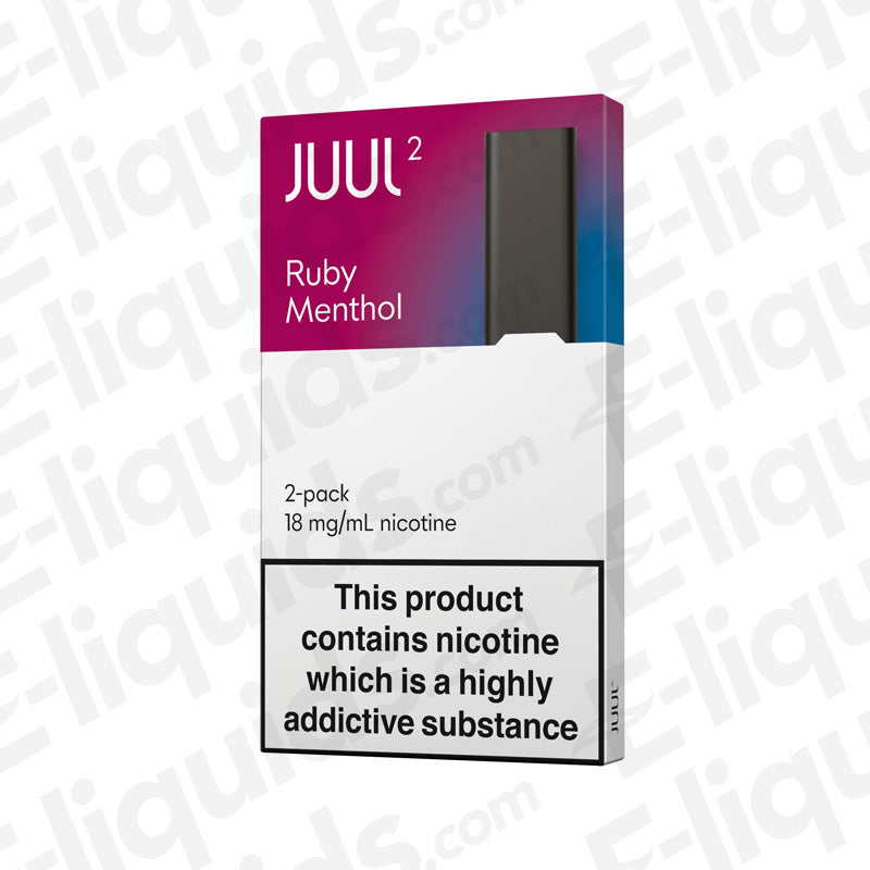 JUUL V2 Ruby Menthol Pod 2 Pack with 18mg/mL nicotine, compatible with JUUL2 Device, featuring wild blush and menthol flavors.