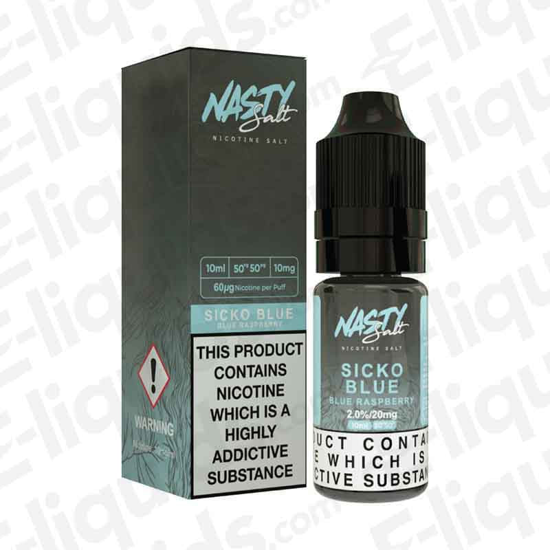 Sicko Blue Nic Salt E-liquid by Nasty Juice with blue raspberry flavor, 10ml bottle, 50VG/50PG ratio.