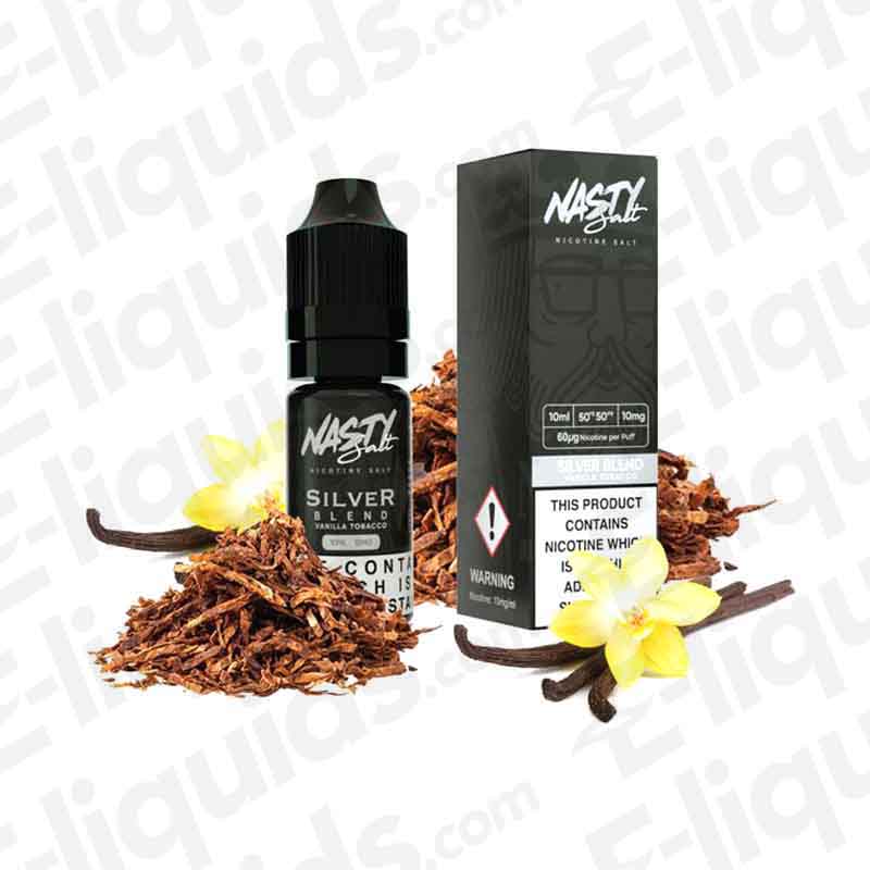 Silver Blend Tobacco Nic Salt E-liquid by Nasty Juice with vanilla and tobacco, 10ml bottle, 50VG/50PG, for pod kits.