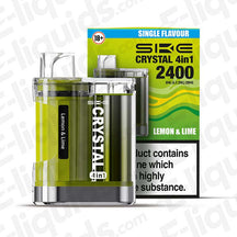SKE Crystal 4in1 Lemon & Lime vape pod packaging, 2400 puffs, single flavour, nicotine warning label