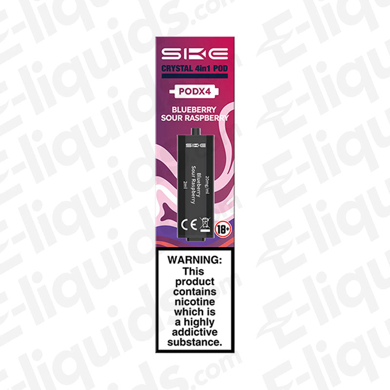 SKE Crystal 4-in-1 Pod Kit Blueberry Sour Raspberry with nicotine warning label.
