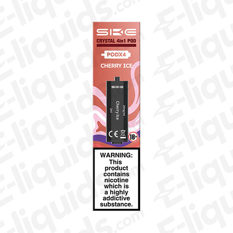 SKE Crystal 4-in-1 Cherry Ice Pod, 2ml nicotine salt e-liquid, sleek design, and addictive flavor.
