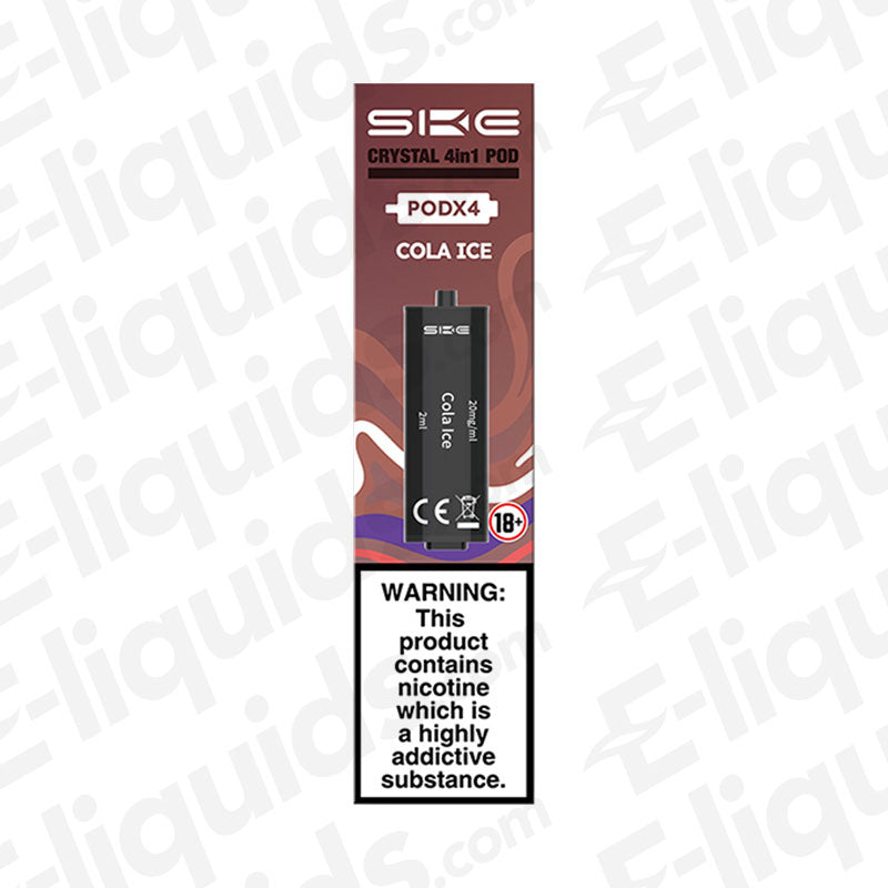 SKE Crystal Cola Ice 4-in-1 Pre-filled Pod packaging featuring cola flavor and nicotine warning.