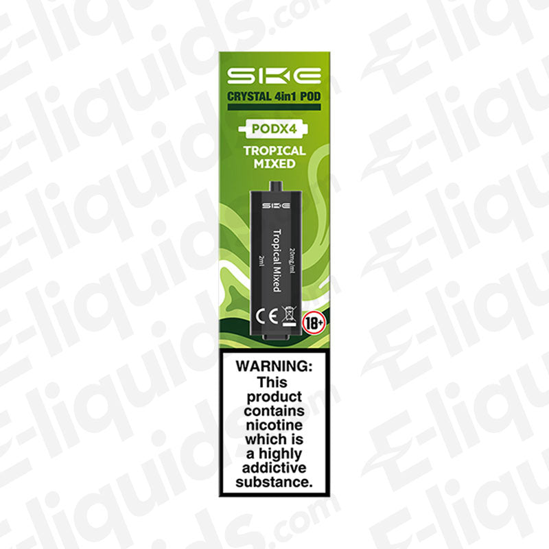 SKE Crystal 4-in-1 Pod Kit featuring Tropical Mixed flavour, includes nicotine warning and sleek design.