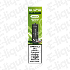 SKE Crystal 4-in-1 Pod Kit featuring Tropical Mixed flavour, includes nicotine warning and sleek design.