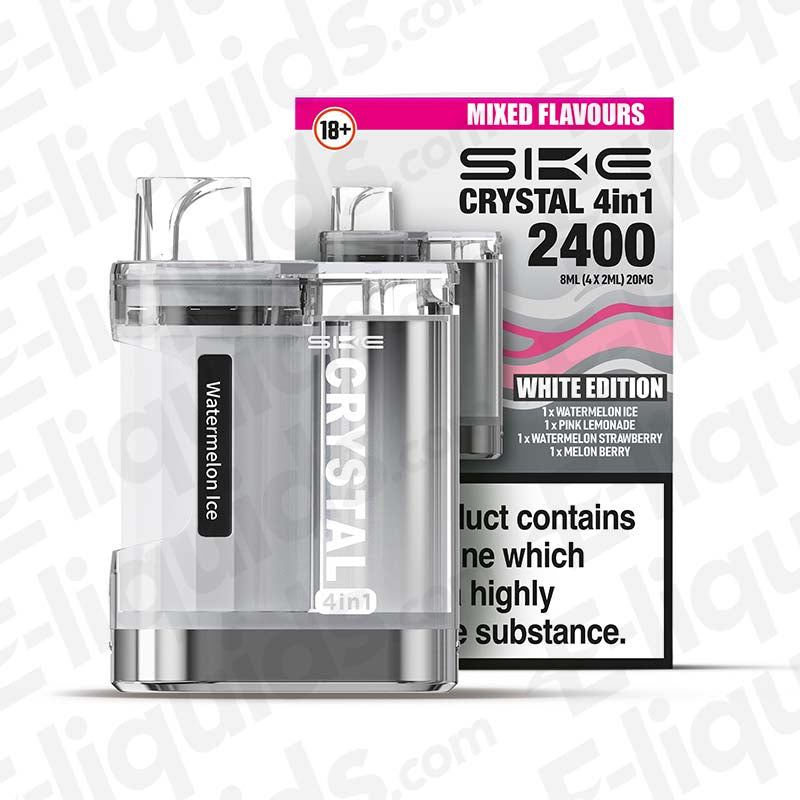 SKE Crystal 4-in-1 2400 Mixed Flavour Eliquid Pod Kit White Edition with Watermelon Ice, Pink Lemonade, and more.