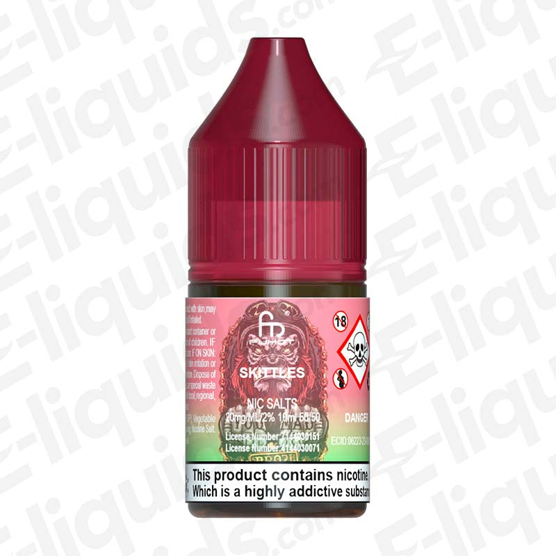 Skittles RandM 7000 Nic Salt E-liquid by Fumot in a red bottle, featuring a fruity candy flavor and nicotine warning.