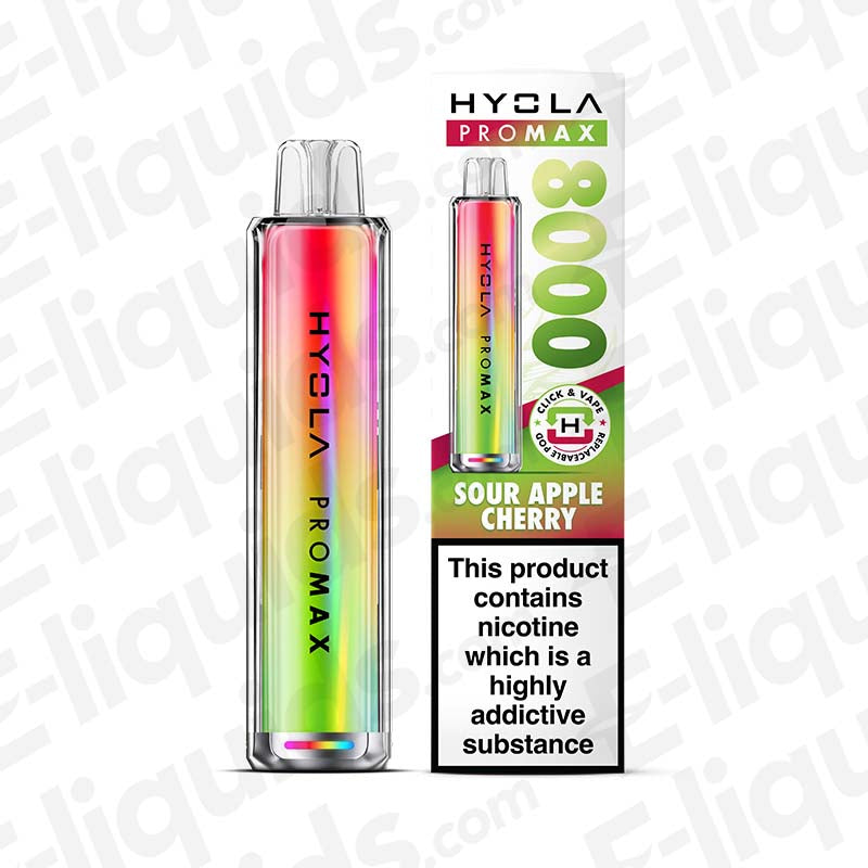 Hyola Pro Max 8000 Sour Apple Cherry Pod Kit, 20mg strength, 8000 puffs, 1800mAh, vibrant design, boxed package view.