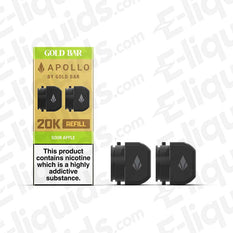Gold Bar Apollo Prefilled Pods pack featuring two Sour Apple pods, designed for 20K vaping experience.