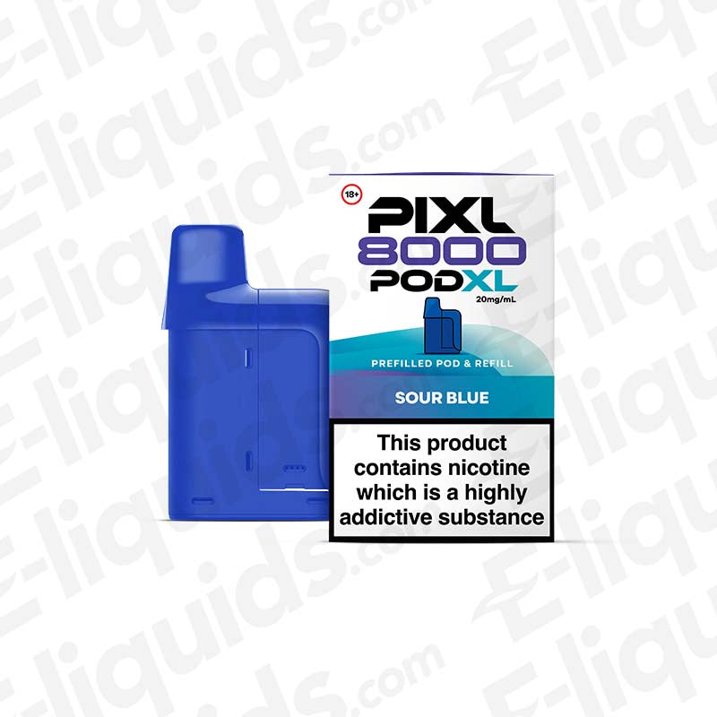 PIXL 8000 Pod XL Sour Blue flavor prefilled pod with 8000 puffs and 20mg nicotine strength displayed alongside packaging.