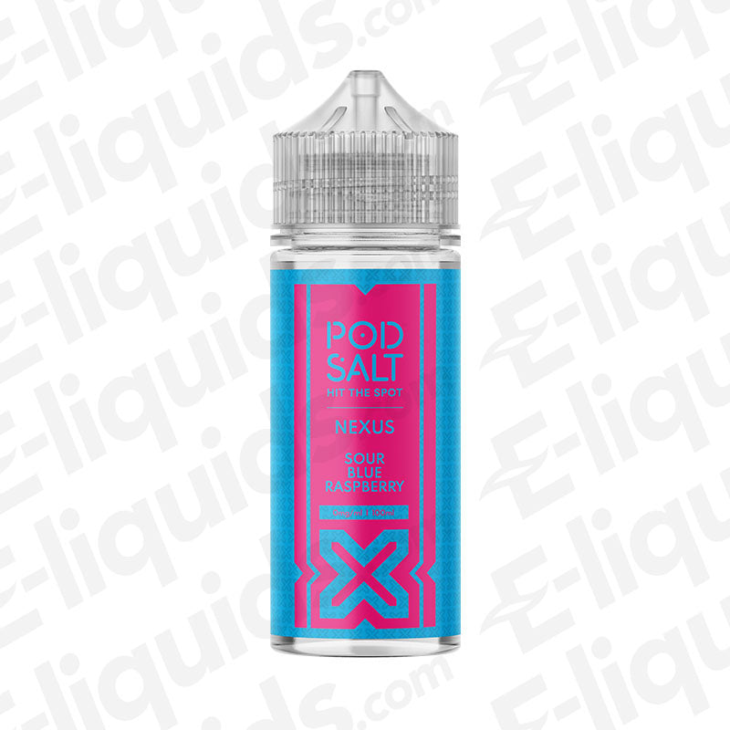 Pod Salt Nexus Sour Blue Raspberry Shortfill E-liquid bottle featuring bold blue and pink design.