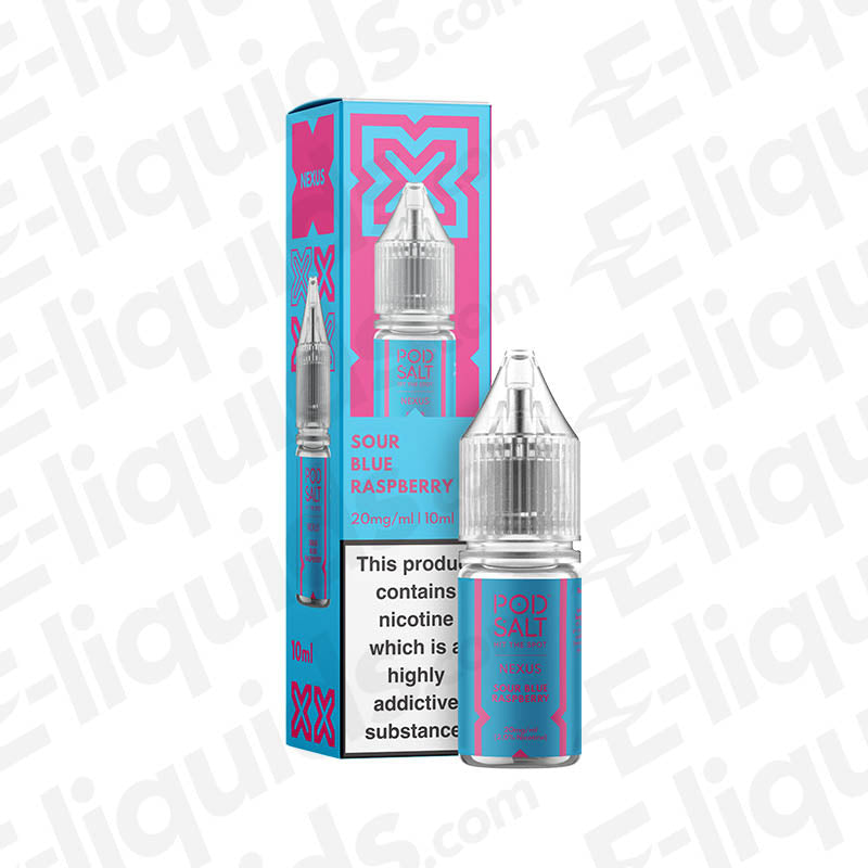 Sour Blue Raspberry Nic Salt E-liquid by Pod Salt in a 10ml bottle with eye-catching packaging.