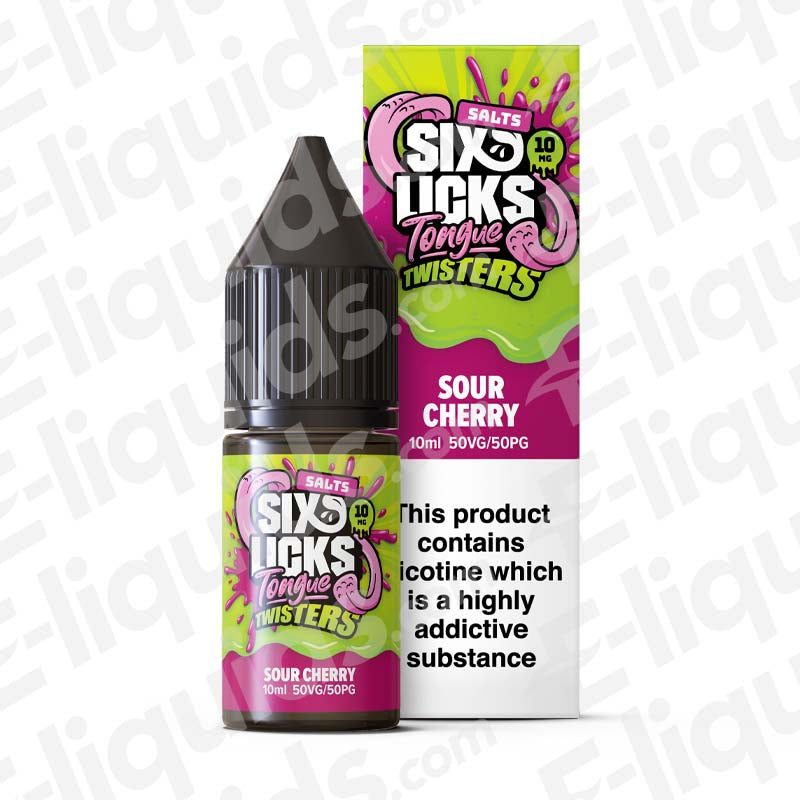 Sour Cherry Nic Salt E-liquid by Six Licks Tongue Twisters in a 10ml bottle, featuring a vibrant design and flavor description.