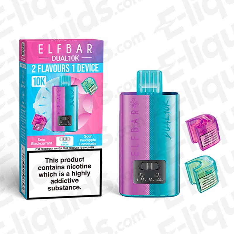 Elf Bar Dual 10K Disposable Vape Kit showcasing two flavors, includes device and refill pods, highlighting convenience and innovation.