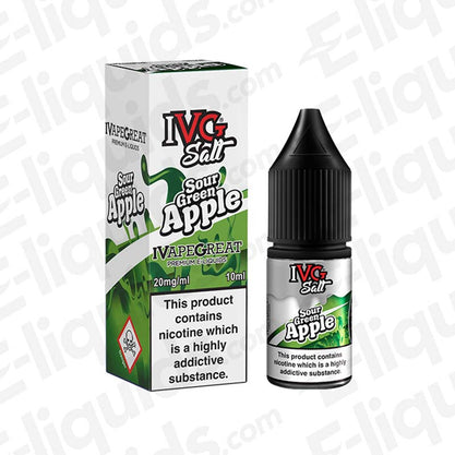 Sour Green Apple Nic Salt E-liquid by IVG, 10ml bottle and box, features crisp apple flavor for pod and starter kits, 20mg strength.