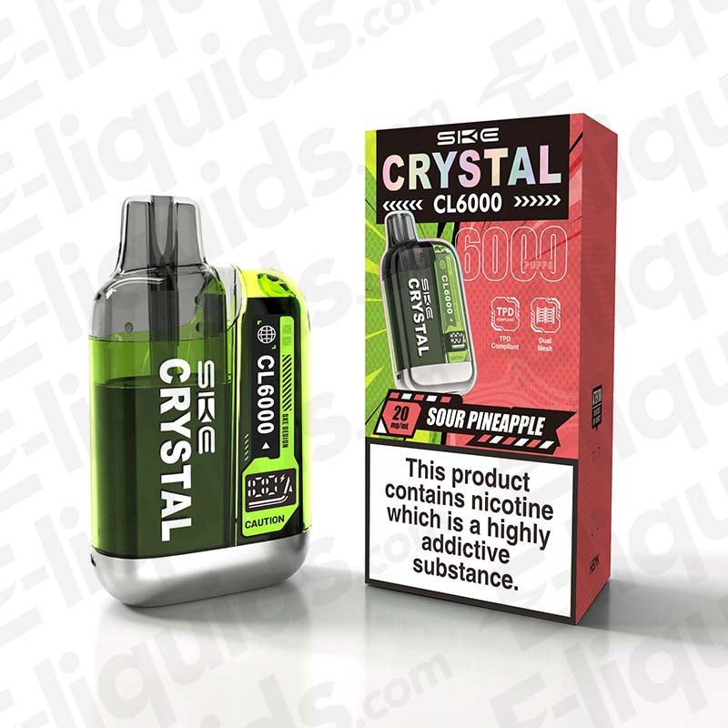 Sour Pineapple SKE Crystal CL6000 Prefilled Vape Pod with packaging, offering 6000 puffs of tangy flavor and 20mg nicotine.