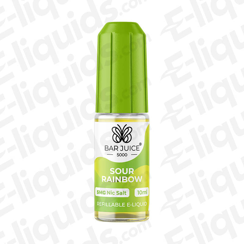 Sour Rainbow Nic Salt E-liquid by Bar Juice 5000 in a 10ml bottle, featuring a vibrant green cap and fruity design.