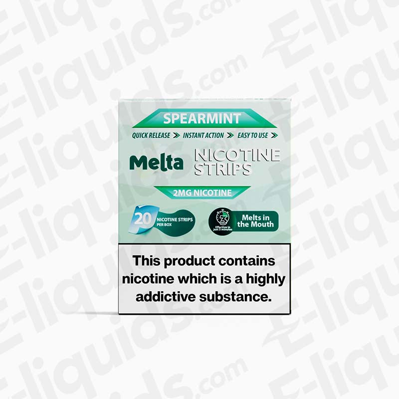 Spearmint MELTA Nicotine Strips box with 2mg nicotine and 20 strips, tobacco-free and quick-release.